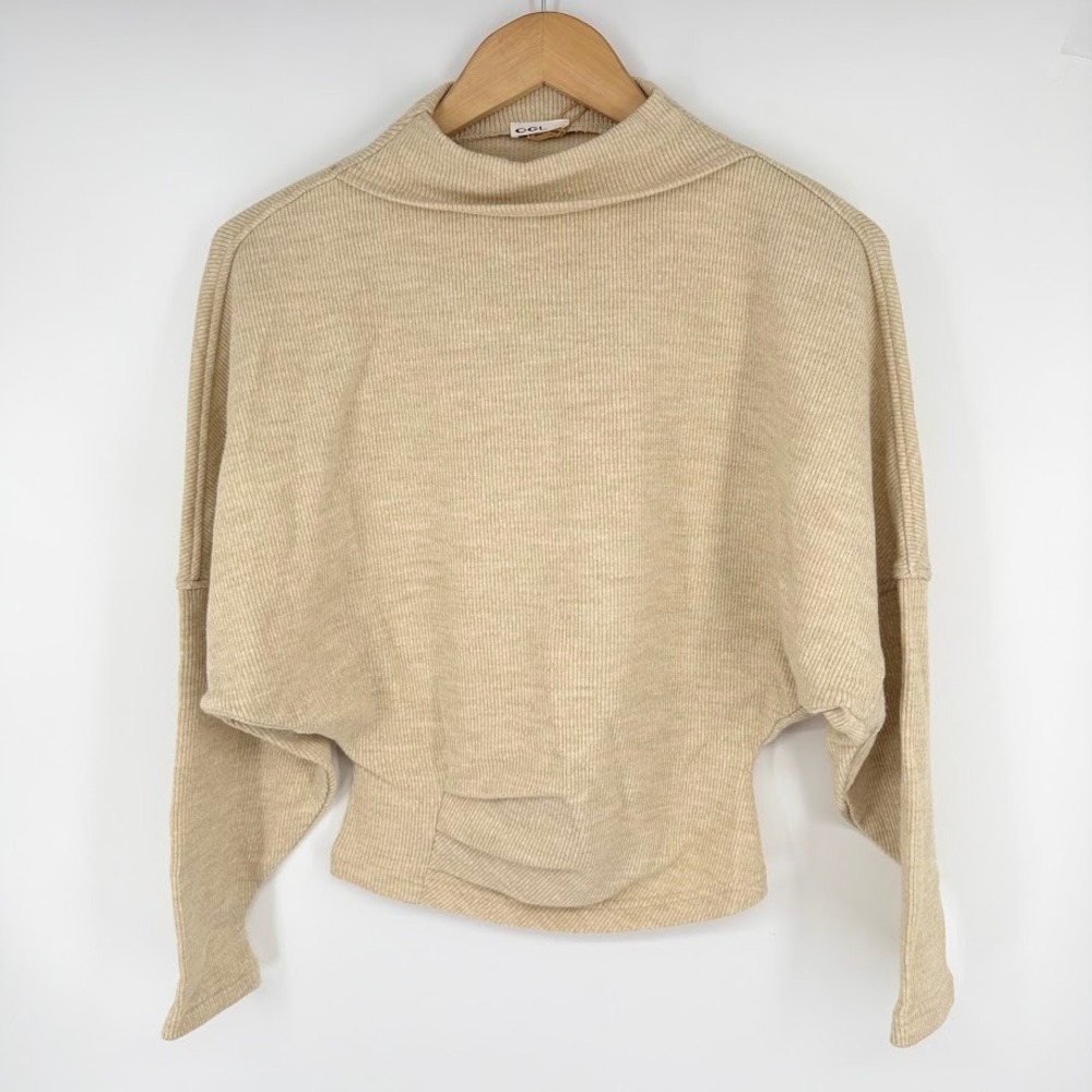NEW OGL Ribbed Dolman Sleeve Mock Neck Wool Blend Sweater Women Sz S Beige Cozy